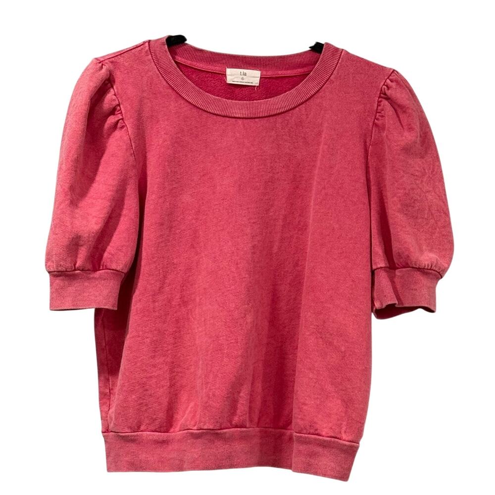 Anthropologie T.La Puff Sleeve Sweatshirt Pink Acid Wash Cotton Made USA Large L